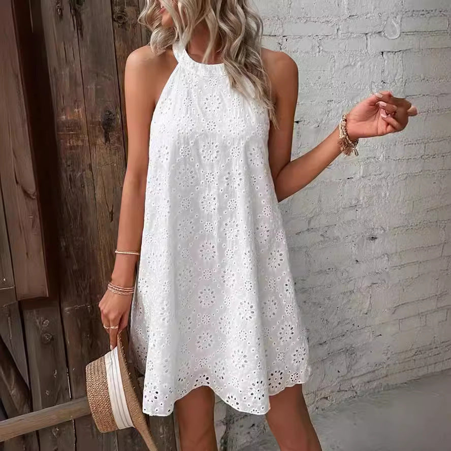 Cotton Eyelet Halter Mini Dress for Women Embroidered A Line Summer Vacation Dress