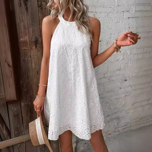 Cotton Eyelet Halter Mini Dress for Women Embroidered A Line Summer Vacation Dress