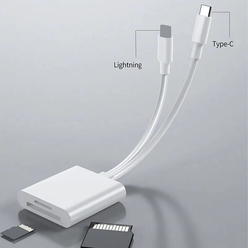 2 In 1 USB C SD Card Reader and Lightning OTG Memory Card Adapter for SD TF Cards