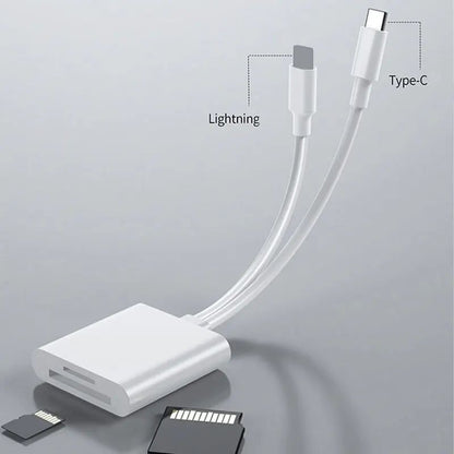 2 In 1 USB C SD Card Reader and Lightning OTG Memory Card Adapter for SD TF Cards