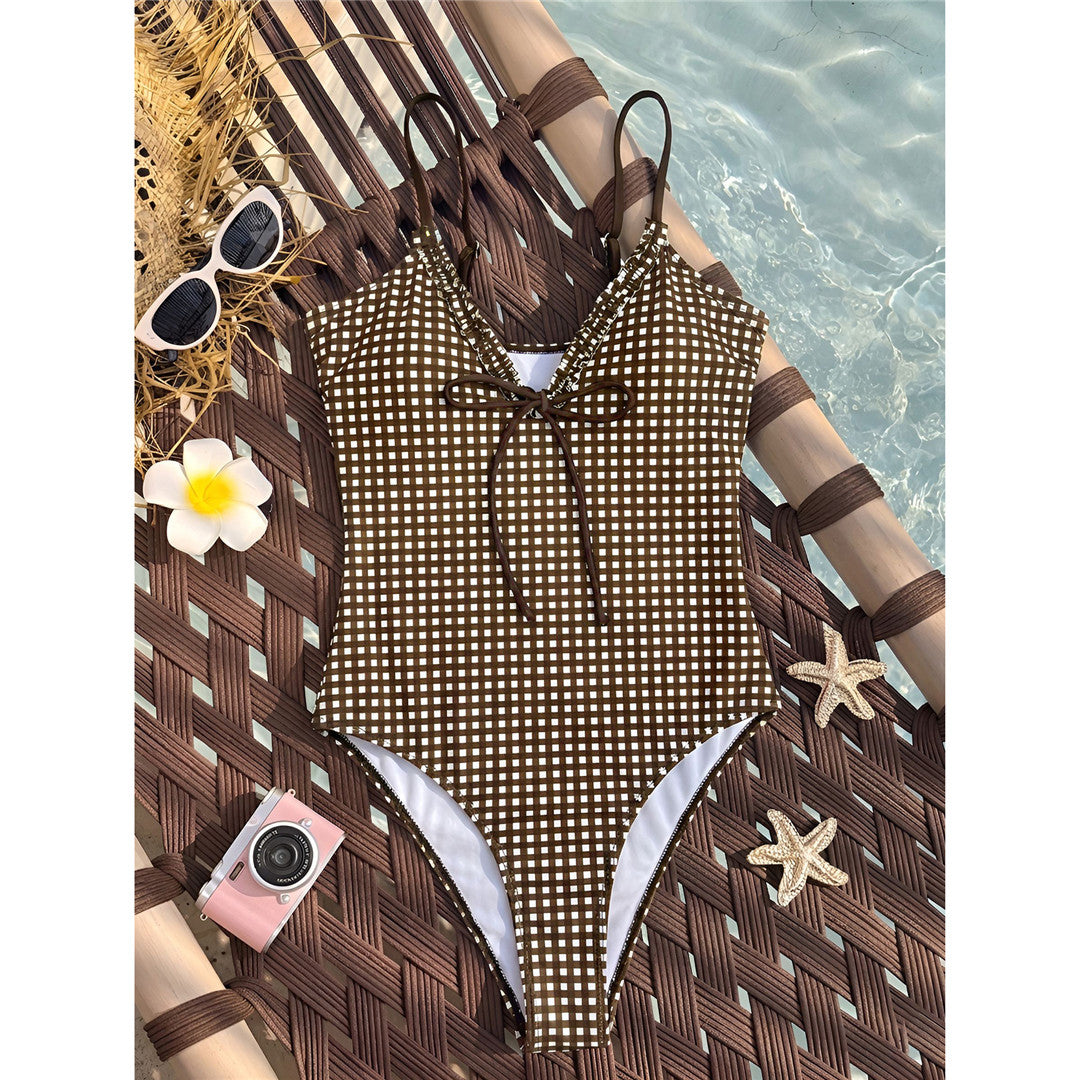 Elegant Swimsuit for Women Ruffle V Neck High Leg Padded Women's Swimwears