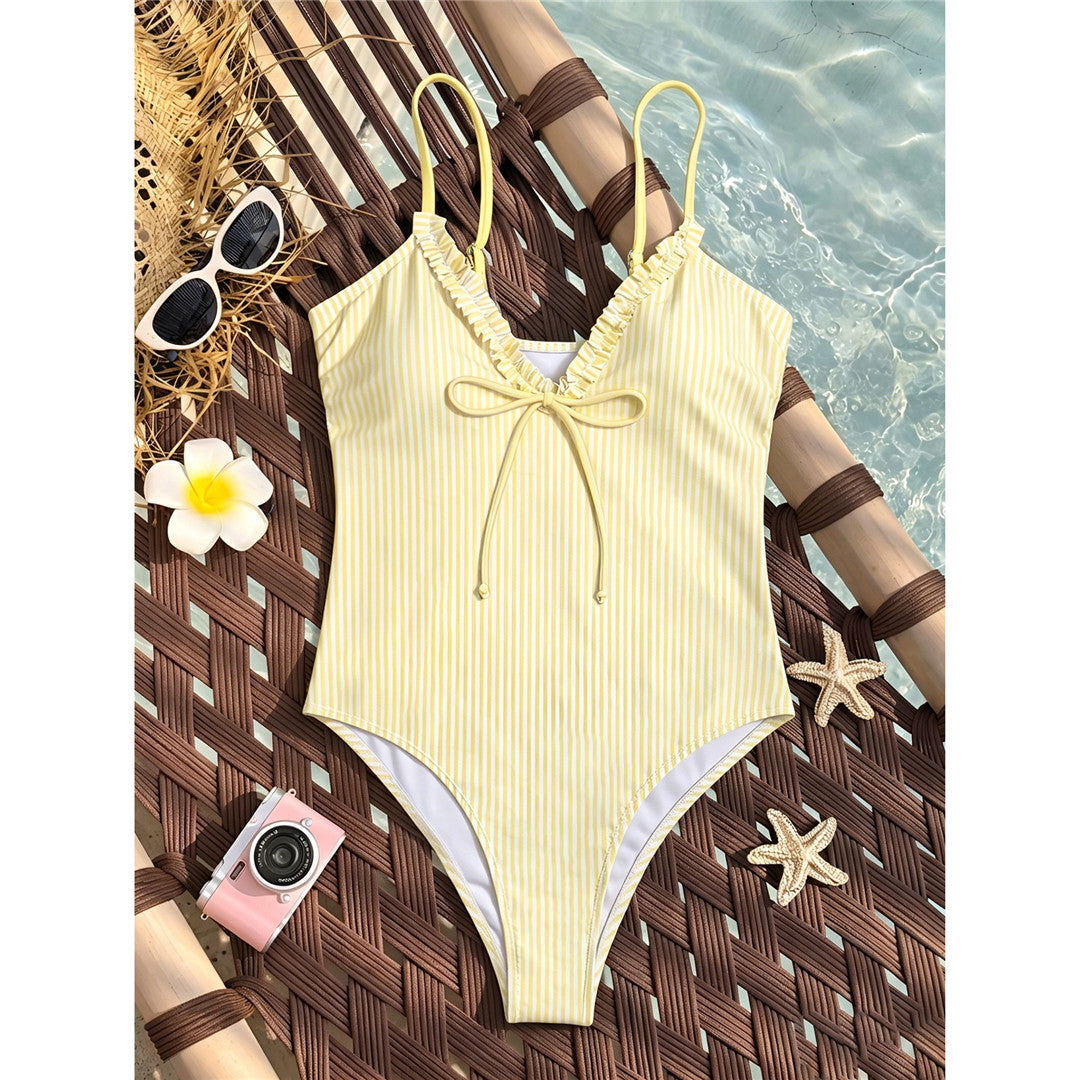 Elegant Swimsuit for Women Ruffle V Neck High Leg Padded Women's Swimwears