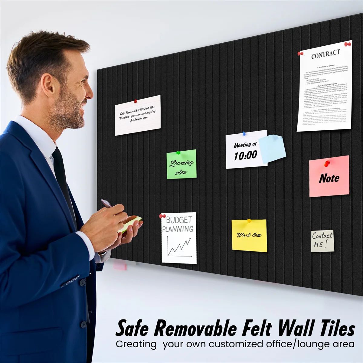 6 pcs Large Black Felt Bulletin Board Tiles – Self-Adhesive Cork Board Alternative Message Board for Office Wall