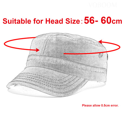 Military Cadet Cap Washed Cotton Army Cap Adjustable Vintage Flat Top Hat