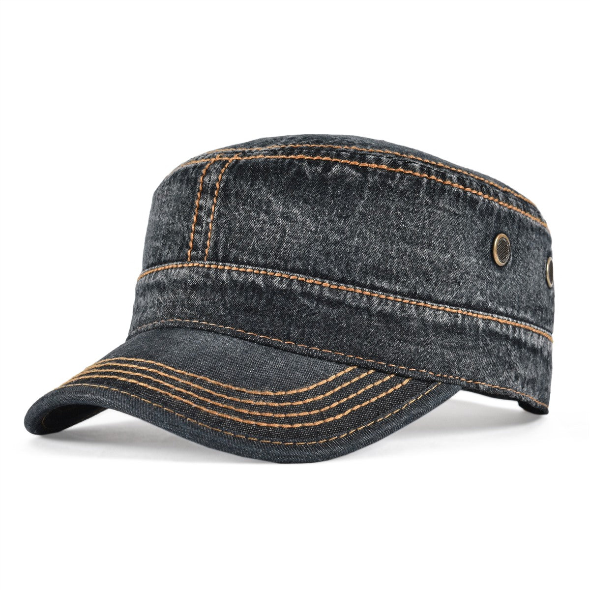 Military Cadet Cap Washed Cotton Army Cap Adjustable Vintage Flat Top Hat