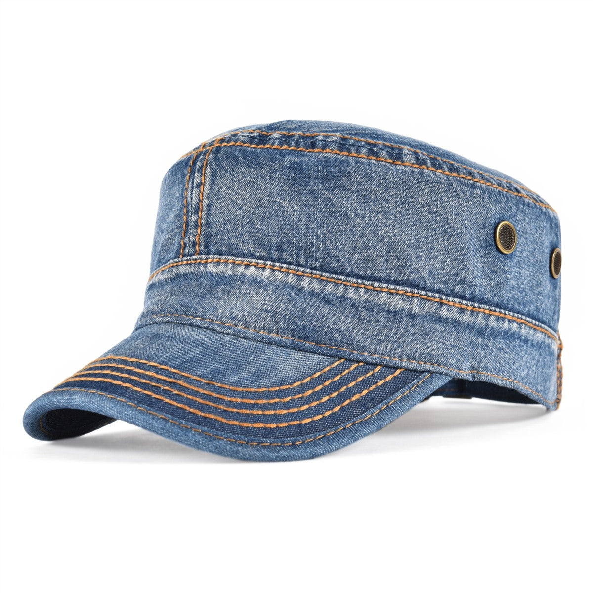 Military Cadet Cap Washed Cotton Army Cap Adjustable Vintage Flat Top Hat