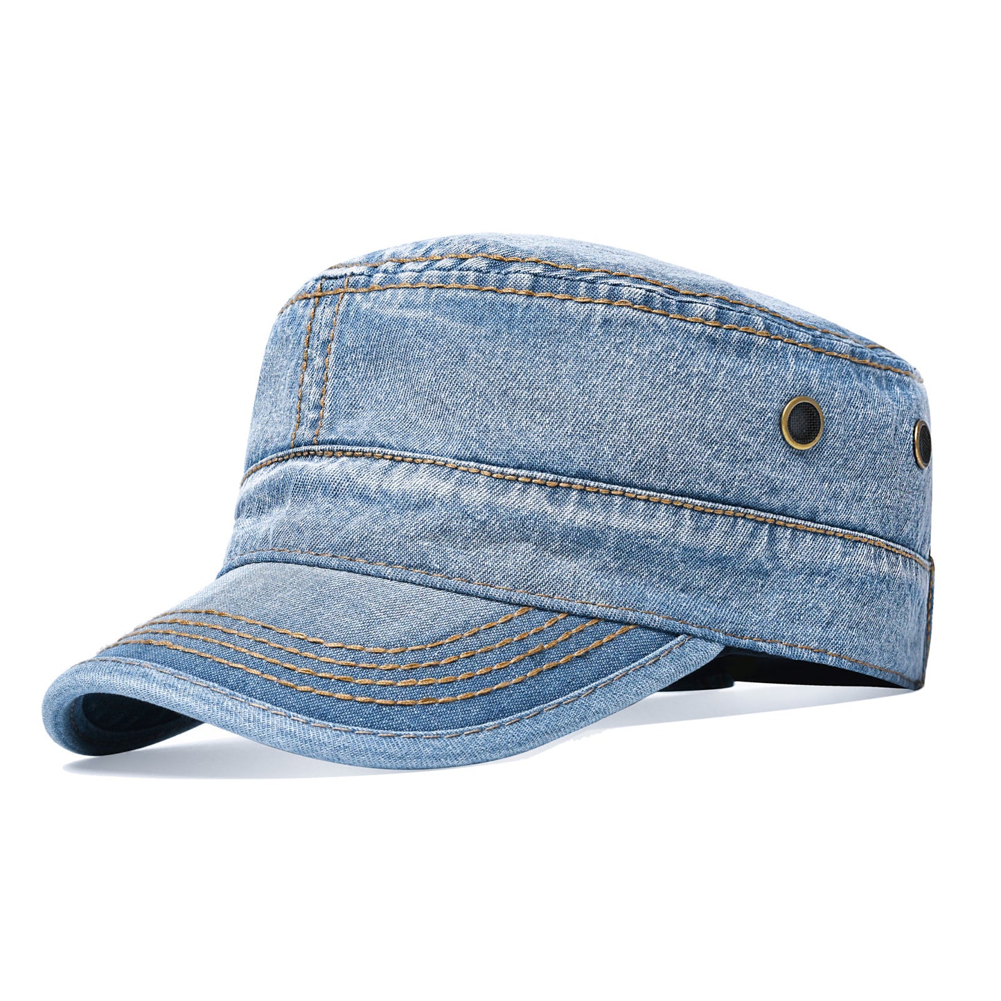 Military Cadet Cap Washed Cotton Army Cap Adjustable Vintage Flat Top Hat