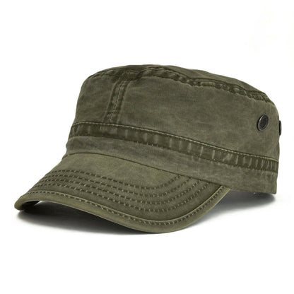 Military Cadet Cap Washed Cotton Army Cap Adjustable Vintage Flat Top Hat