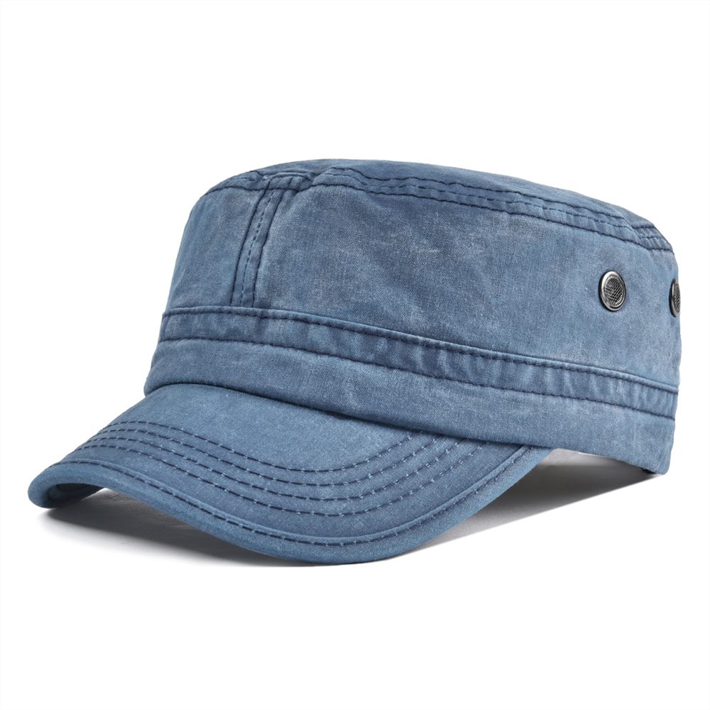 Military Cadet Cap Washed Cotton Army Cap Adjustable Vintage Flat Top Hat