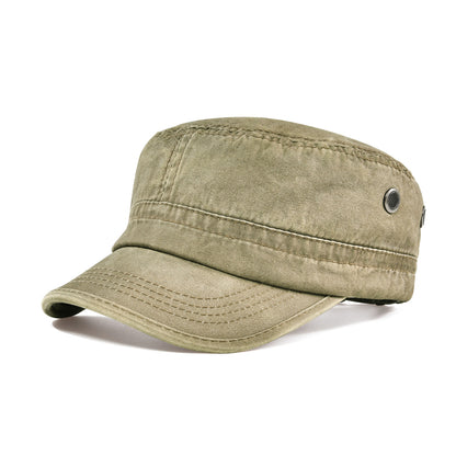 Military Cadet Cap Washed Cotton Army Cap Adjustable Vintage Flat Top Hat