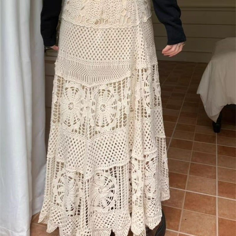 Boho Crochet Lace Maxi Skirt - High Waist Elastic Long A Line Skirt for Women