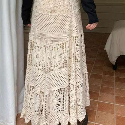 Boho Crochet Lace Maxi Skirt - High Waist Elastic Long A Line Skirt for Women