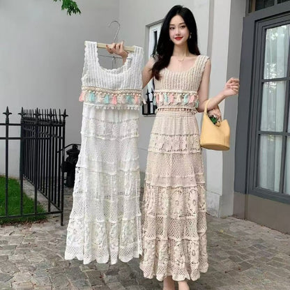 Boho Crochet Lace Maxi Skirt - High Waist Elastic Long A Line Skirt for Women
