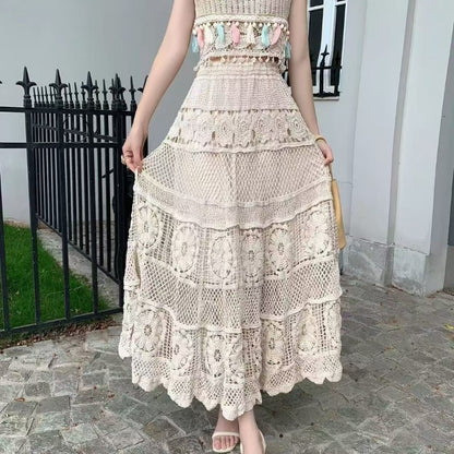Boho Crochet Lace Maxi Skirt - High Waist Elastic Long A Line Skirt for Women