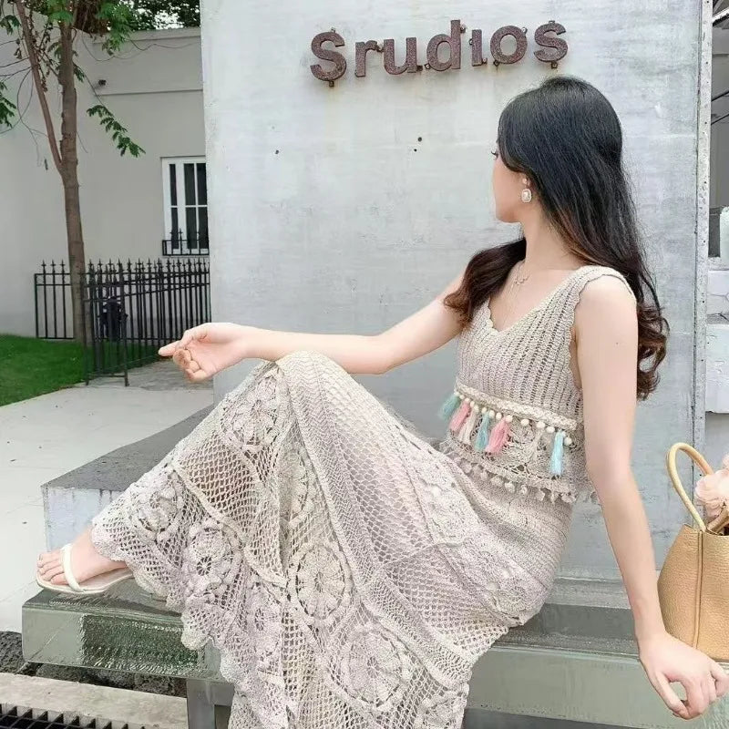 Boho Crochet Lace Maxi Skirt - High Waist Elastic Long A Line Skirt for Women