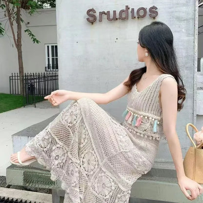 Boho Crochet Lace Maxi Skirt - High Waist Elastic Long A Line Skirt for Women