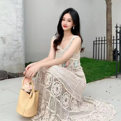 Boho Crochet Lace Maxi Skirt - High Waist Elastic Long A Line Skirt for Women