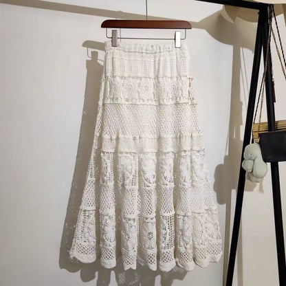Boho Crochet Lace Maxi Skirt - High Waist Elastic Long A Line Skirt for Women