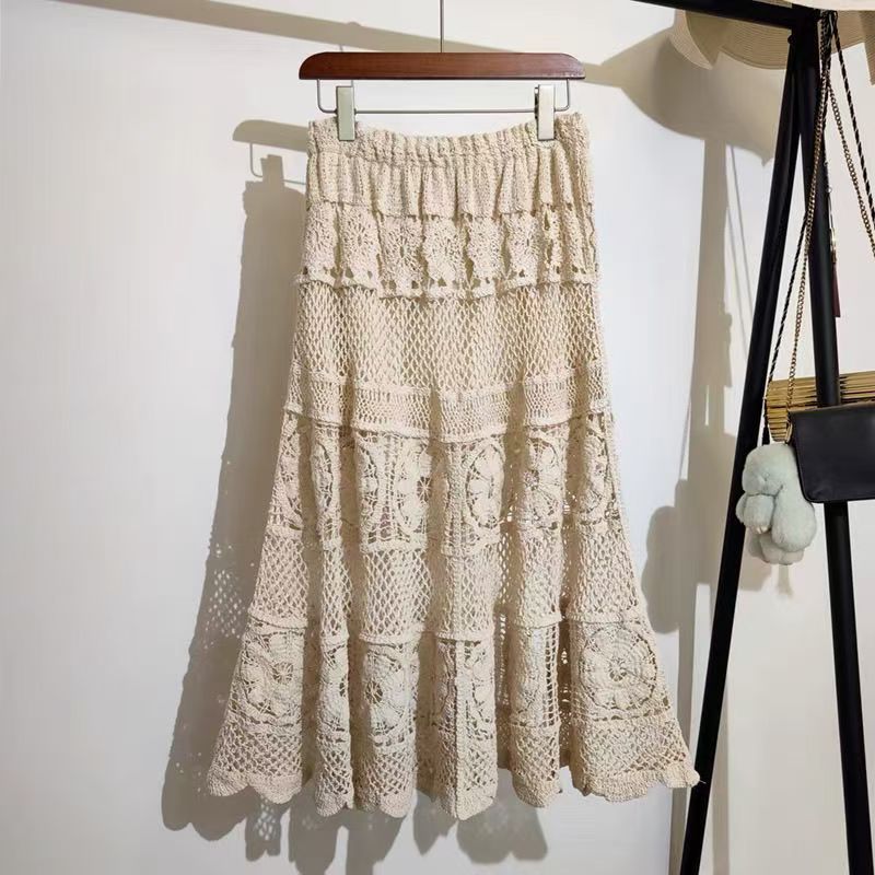 Boho Crochet Lace Maxi Skirt - High Waist Elastic Long A Line Skirt for Women
