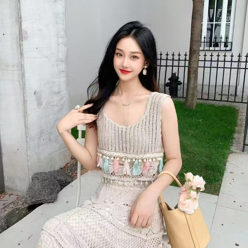 Boho Crochet Lace Maxi Skirt - High Waist Elastic Long A Line Skirt for Women