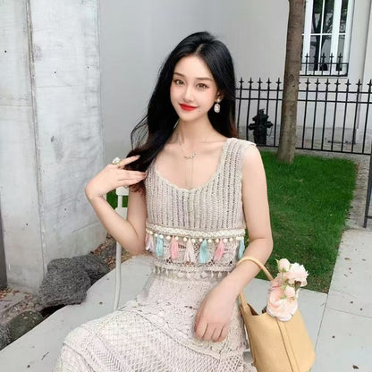 Boho Crochet Lace Maxi Skirt - High Waist Elastic Long A Line Skirt for Women