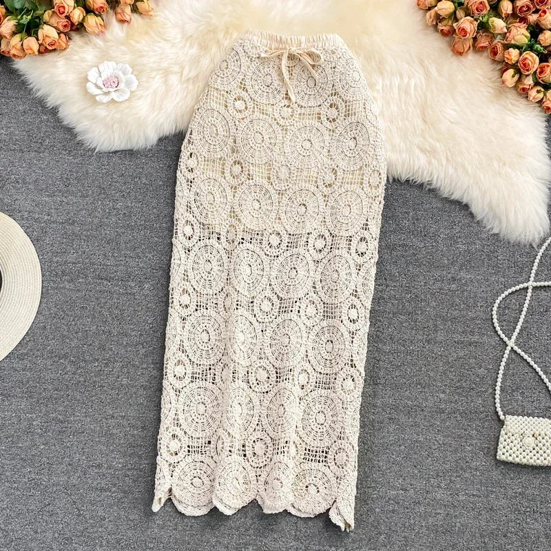 Bohemian High Waist Crochet Beach Skirt Long Hollow Out Summer Maxi