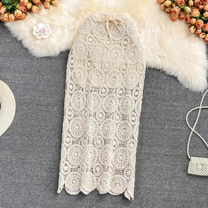 Bohemian High Waist Crochet Beach Skirt Long Hollow Out Summer Maxi