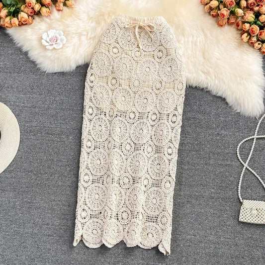 Bohemian High Waist Crochet Beach Skirt Long Hollow Out Summer Maxi