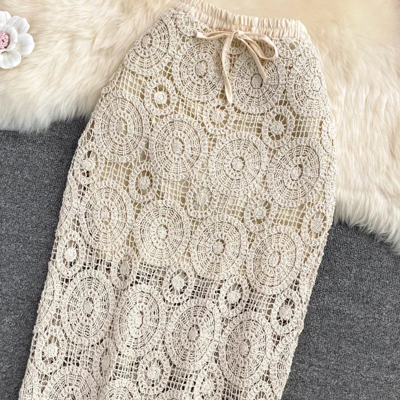 Bohemian High Waist Crochet Beach Skirt Long Hollow Out Summer Maxi