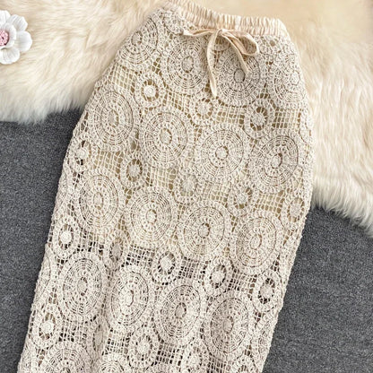 Bohemian High Waist Crochet Beach Skirt Long Hollow Out Summer Maxi