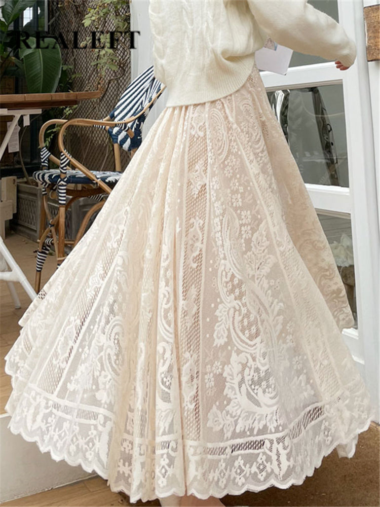 Bohemian High Waist Crochet Lace Maxi Skirt Vintage A-Line Long Umbrella Skirt