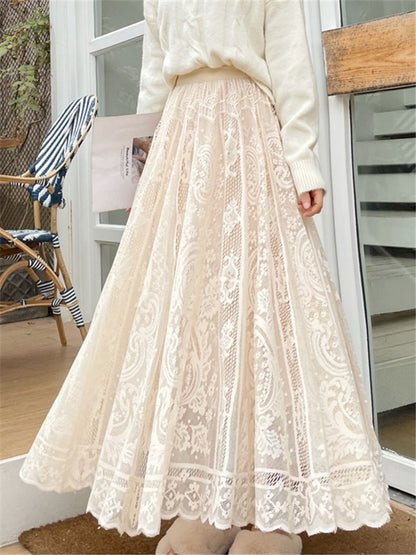 Bohemian High Waist Crochet Lace Maxi Skirt Vintage A-Line Long Umbrella Skirt