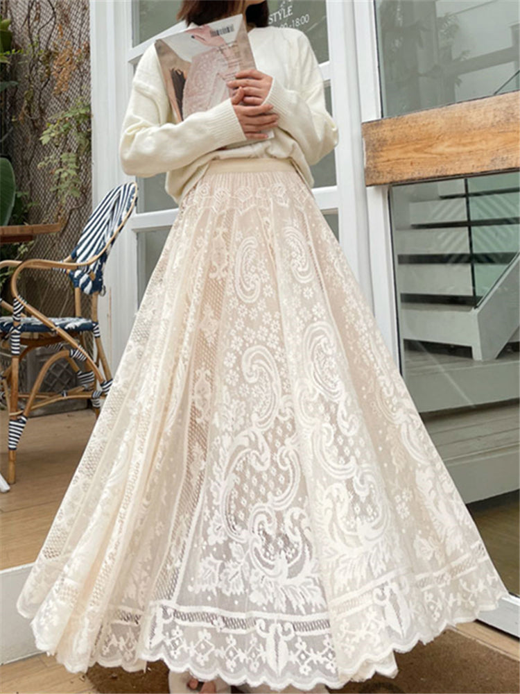 Bohemian High Waist Crochet Lace Maxi Skirt Vintage A-Line Long Umbrella Skirt
