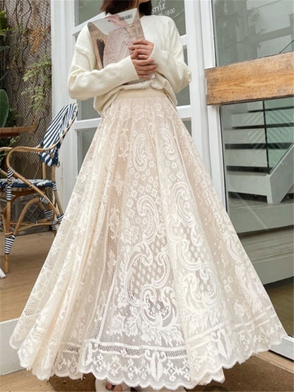 Bohemian High Waist Crochet Lace Maxi Skirt Vintage A-Line Long Umbrella Skirt