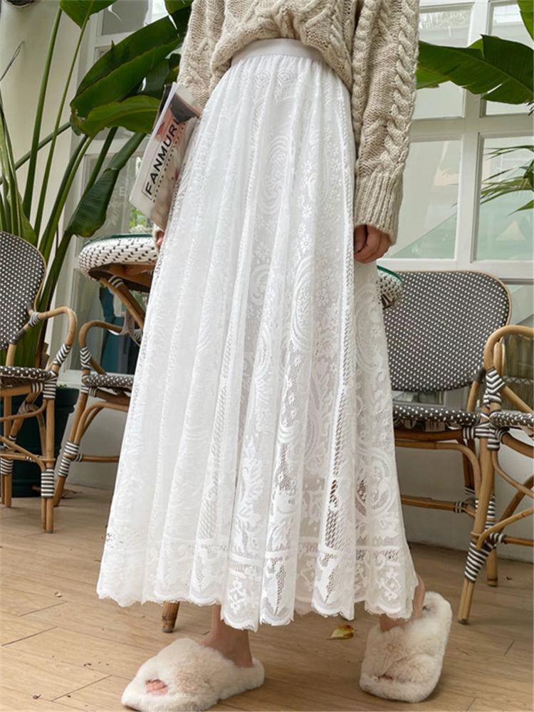 Bohemian High Waist Crochet Lace Maxi Skirt Vintage A-Line Long Umbrella Skirt