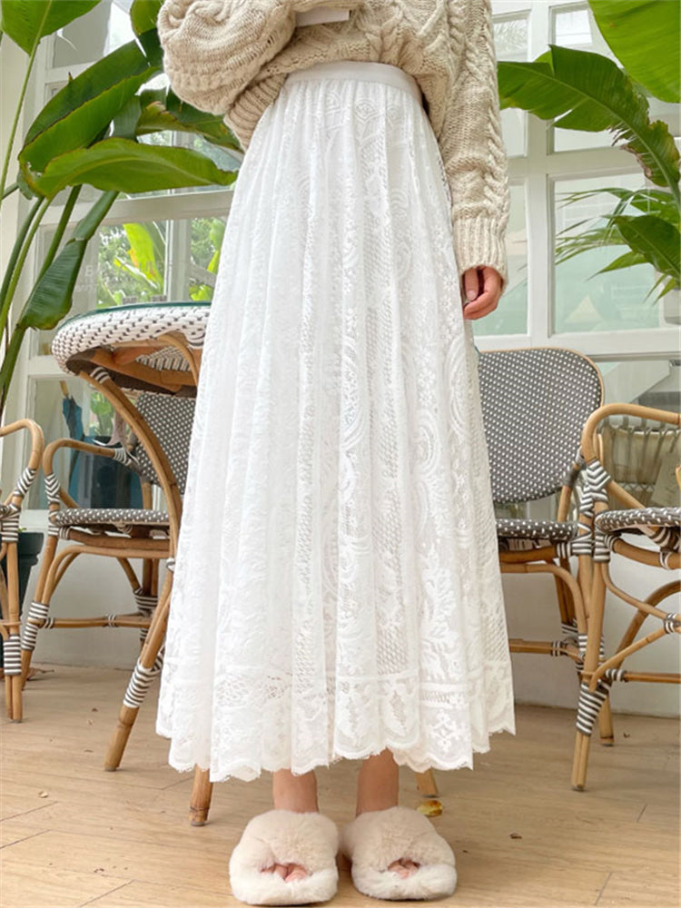 Bohemian High Waist Crochet Lace Maxi Skirt Vintage A-Line Long Umbrella Skirt