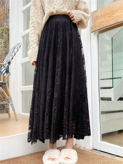 Bohemian High Waist Crochet Lace Maxi Skirt Vintage A-Line Long Umbrella Skirt
