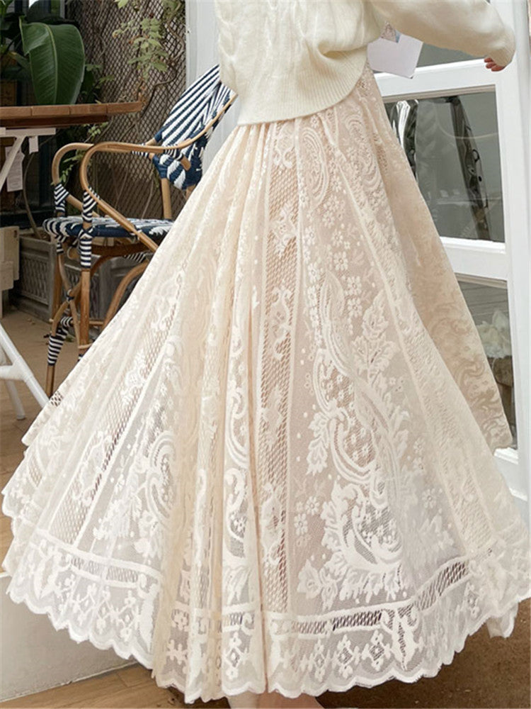 Bohemian High Waist Crochet Lace Maxi Skirt Vintage A-Line Long Umbrella Skirt