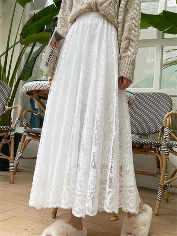 Bohemian High Waist Crochet Lace Maxi Skirt Vintage A-Line Long Umbrella Skirt
