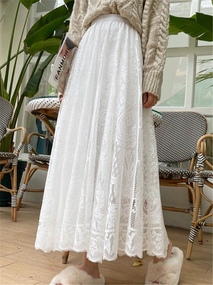 Bohemian High Waist Crochet Lace Maxi Skirt Vintage A-Line Long Umbrella Skirt