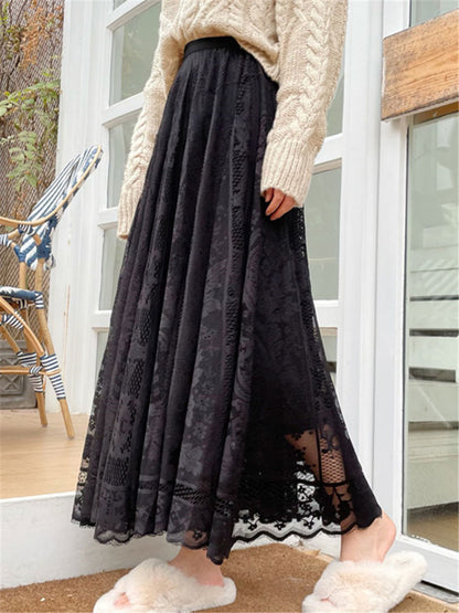 Bohemian High Waist Crochet Lace Maxi Skirt Vintage A-Line Long Umbrella Skirt