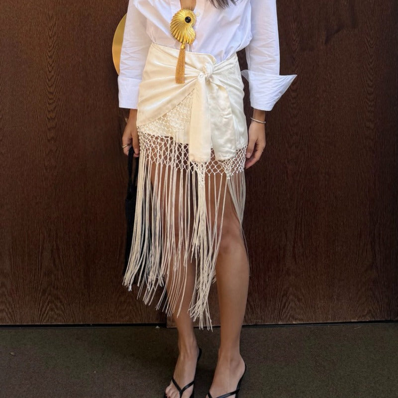 Trendix High Waist Fringe Crochet Mesh Skirt Beach Party Fashion Tassel Summer Skirt