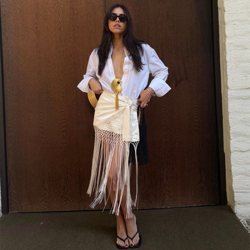 Trendix High Waist Fringe Crochet Mesh Skirt Beach Party Fashion Tassel Summer Skirt