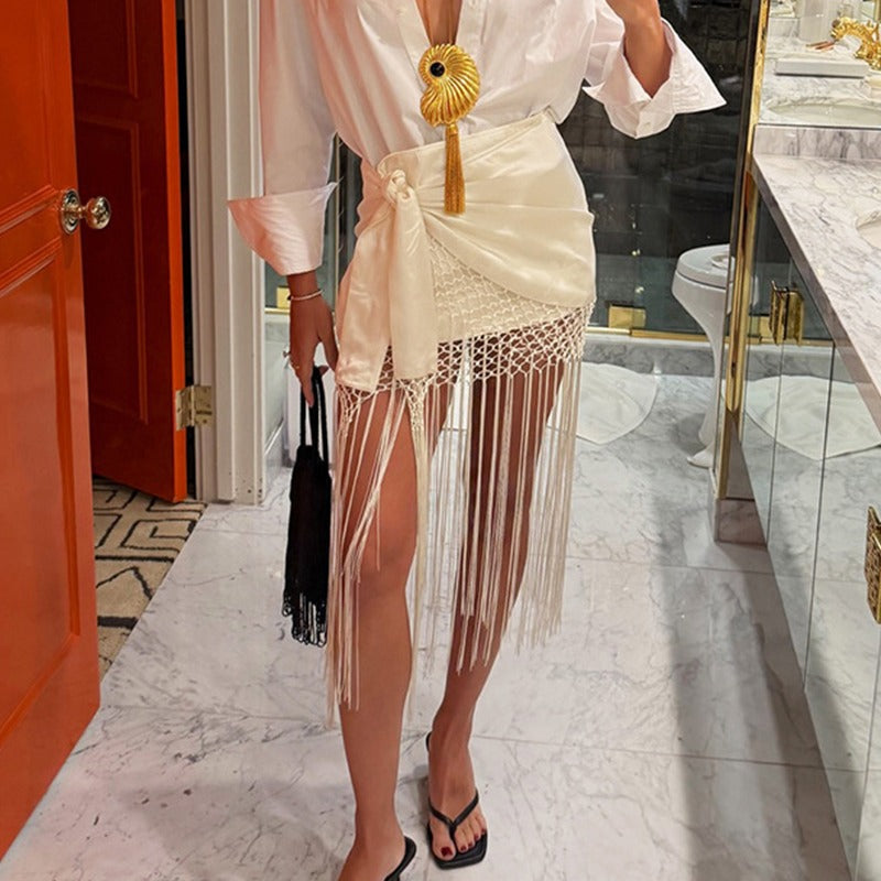 Trendix High Waist Fringe Crochet Mesh Skirt Beach Party Fashion Tassel Summer Skirt