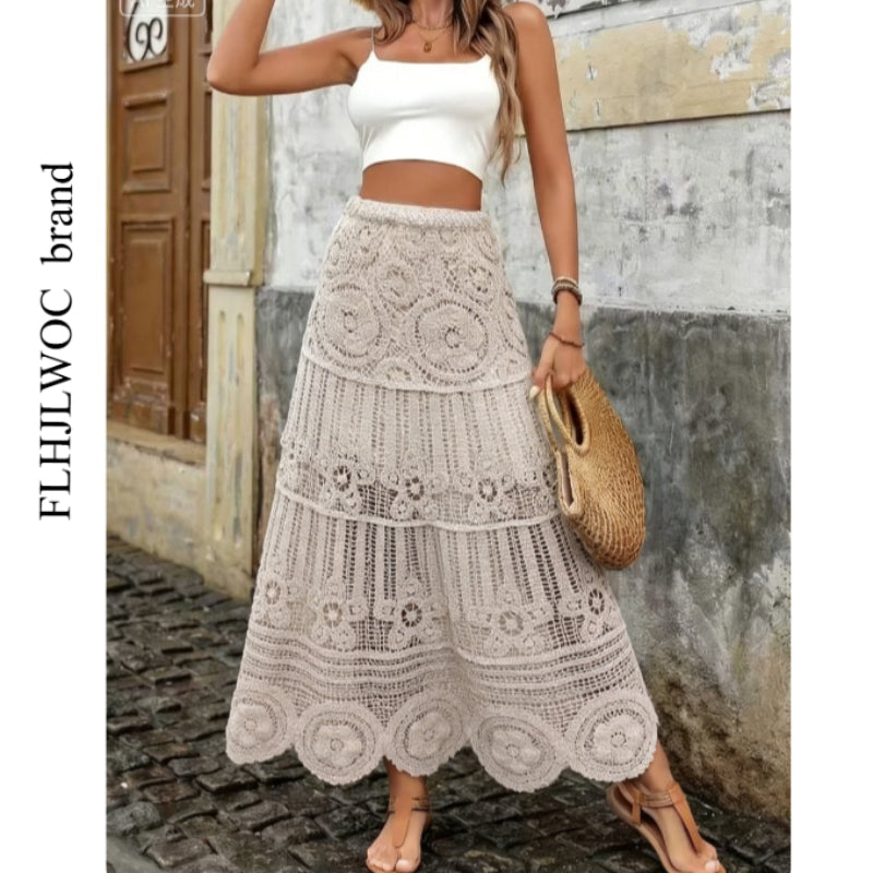 Aura Bohemian Vintage Crochet Maxi Skirt – Romantic Mori Girl Hollow Out Holiday Long Skirt