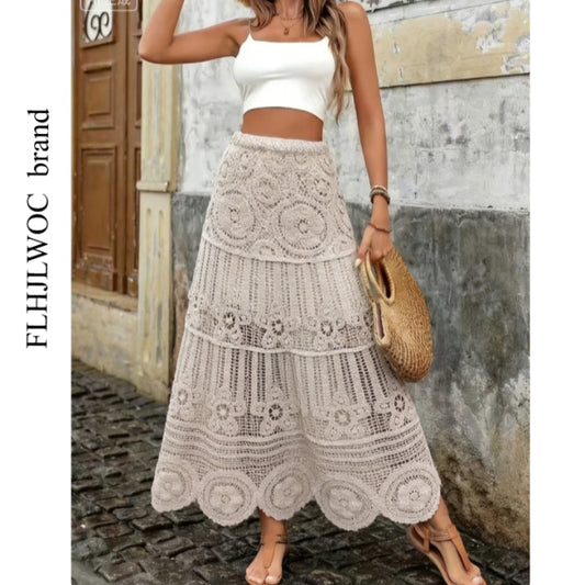 Aura Bohemian Vintage Crochet Maxi Skirt – Romantic Mori Girl Hollow Out Holiday Long Skirt