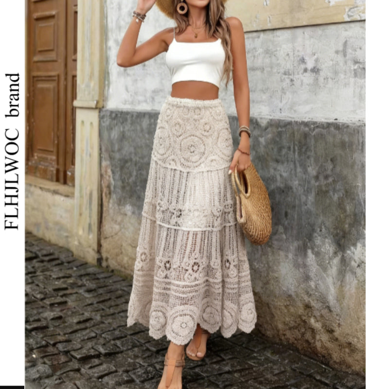Aura Bohemian Vintage Crochet Maxi Skirt – Romantic Mori Girl Hollow Out Holiday Long Skirt
