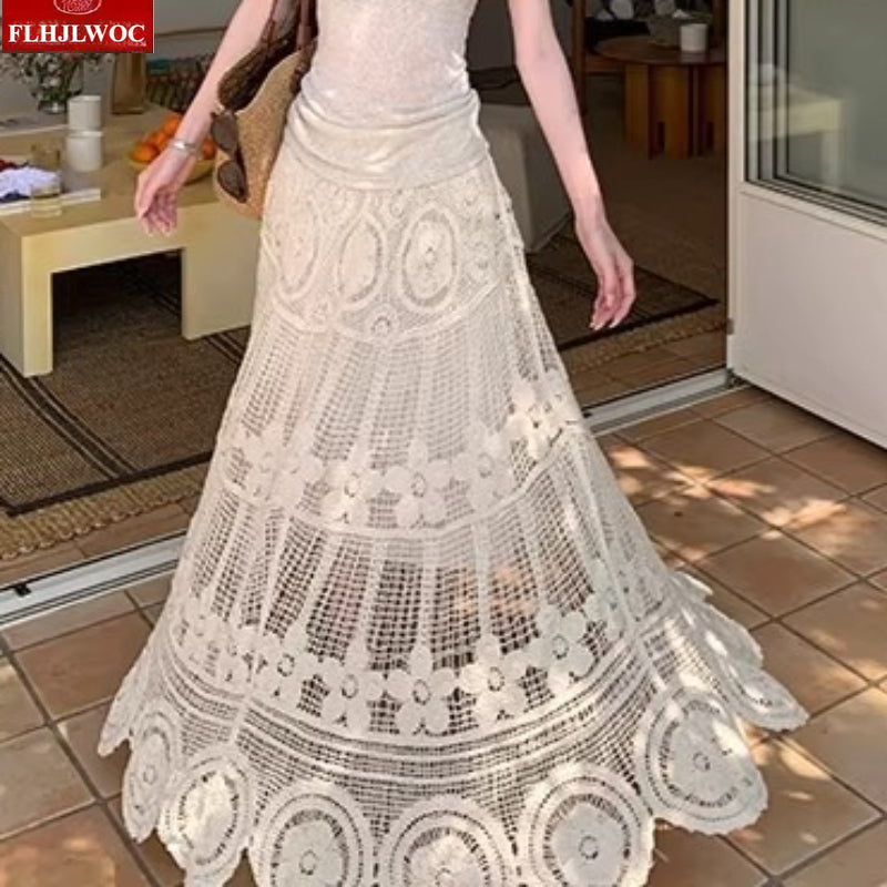 Aura Bohemian Vintage Crochet Maxi Skirt – Romantic Mori Girl Hollow Out Holiday Long Skirt