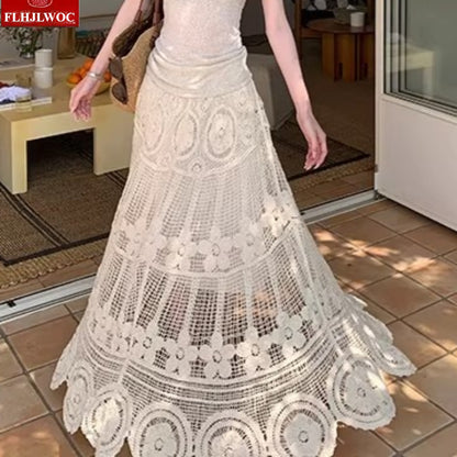 Aura Bohemian Vintage Crochet Maxi Skirt – Romantic Mori Girl Hollow Out Holiday Long Skirt