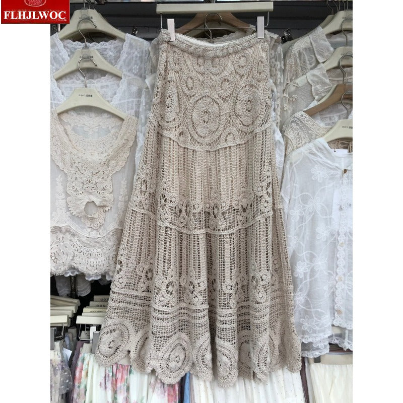 Aura Bohemian Vintage Crochet Maxi Skirt – Romantic Mori Girl Hollow Out Holiday Long Skirt